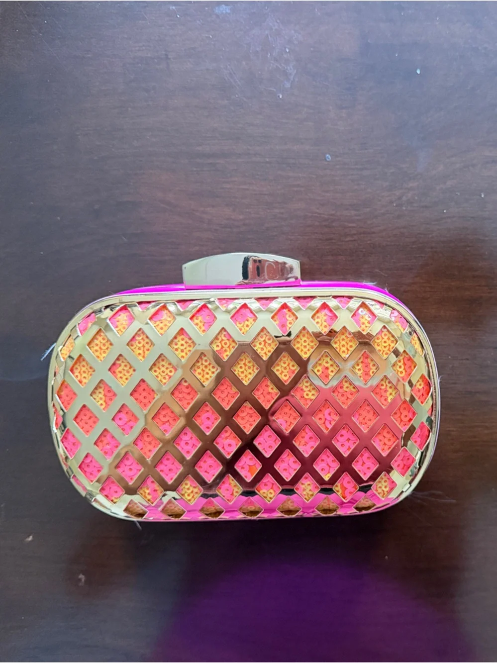 Pink Lattice Metallic Clutch Bag